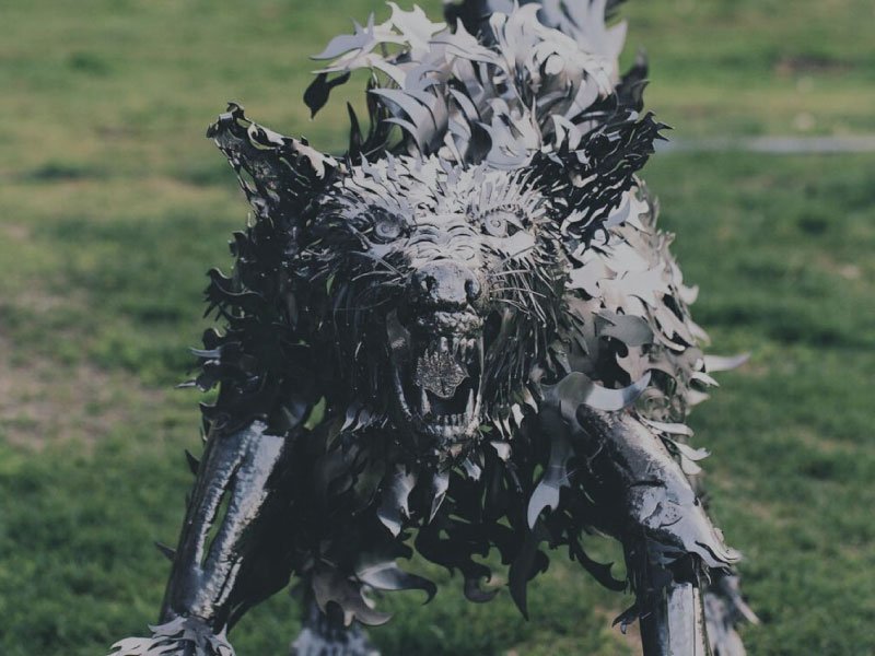 Metal wolf sculpture